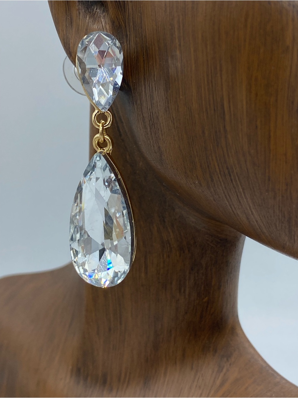 Gold Tone & Sparkling Crystal Double Tear Drop Dangle Earrings